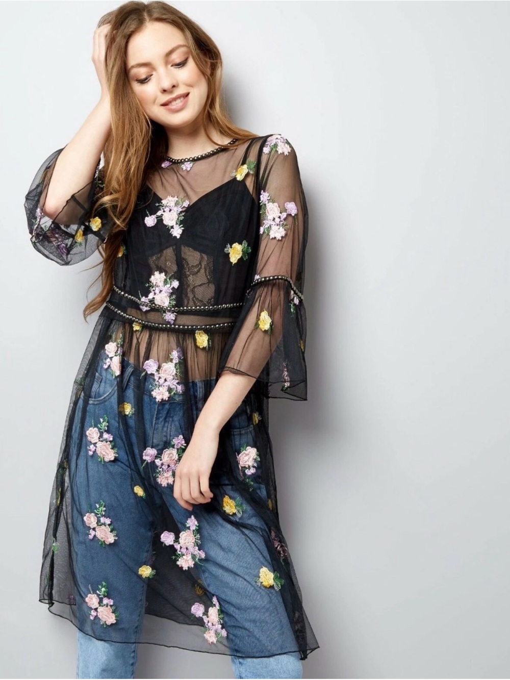 EUC Romeo & Juliet Couture Black Mesh Studded Floral Trim Dress - Medium